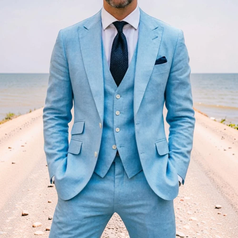 Traje de Lino Azul Cielo para Hombre, Esmoquin de Boda de 3 Piezas, Traje de Fiesta de Verano Ligero, Blazer, Chaleco y Pantalones Ajustados, Transpirable, Formal