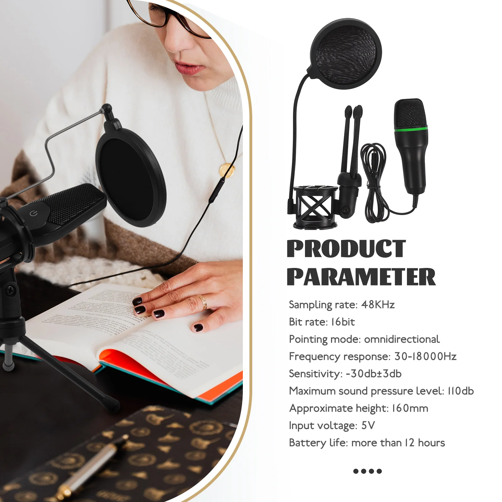 

E-sports Gaming Microphone Black USB Condenser Mic for Laptop with Stand Noise Cancellation Recording Broadcast Quality Metal