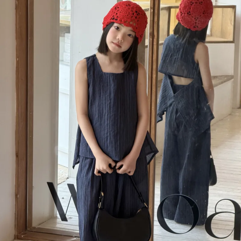 26 Spring Summer New Style Girls Children Clothes Backless 2piece Set Sleeveless Square-Neck Tank Top Wide Pant 3-18 Year Outfit