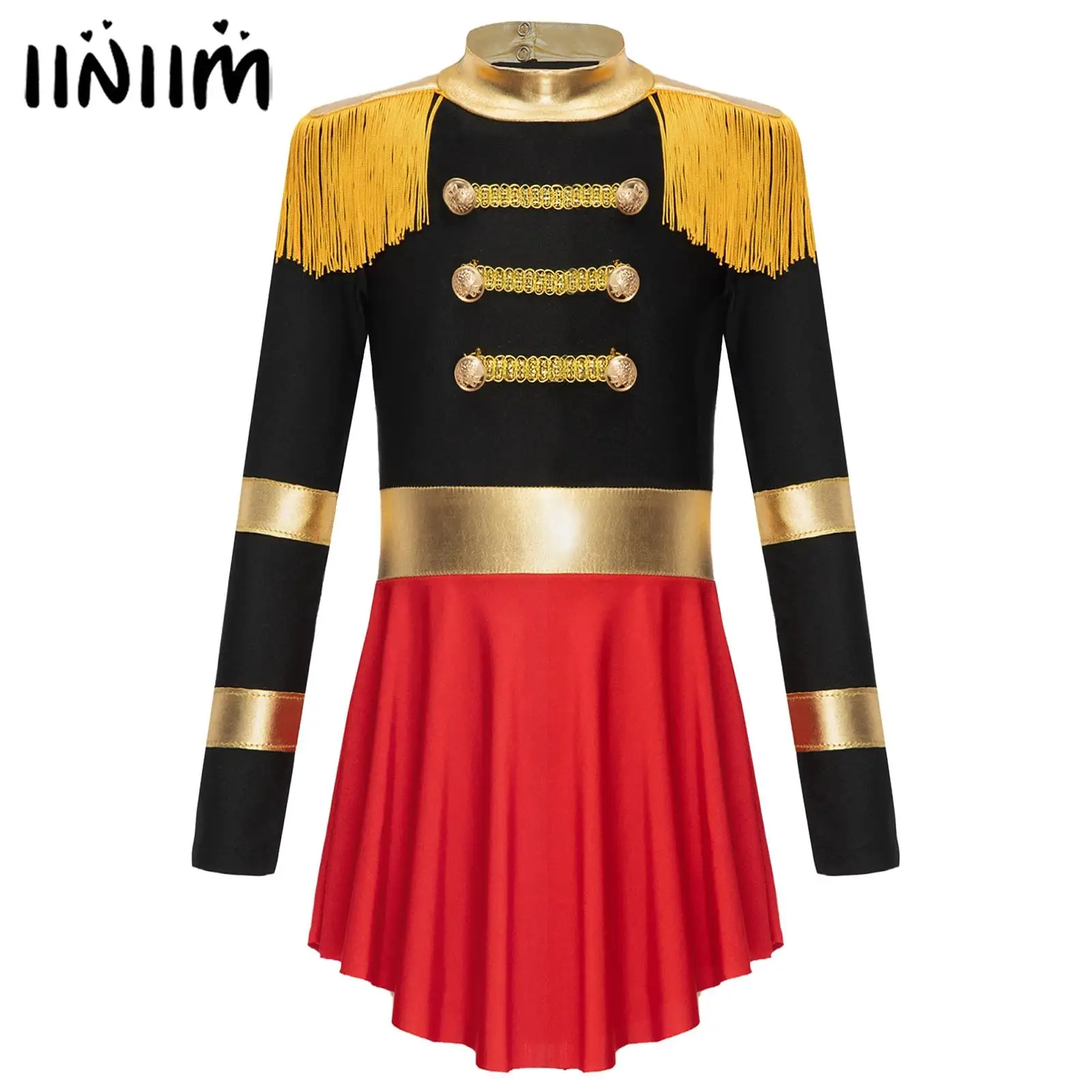 

Girls Circus Ringmaster Cosplay Costume Lion Tamer Showman Outfits Fringe Epaulet Jumpsuit Performance Director Bodysuit Dress