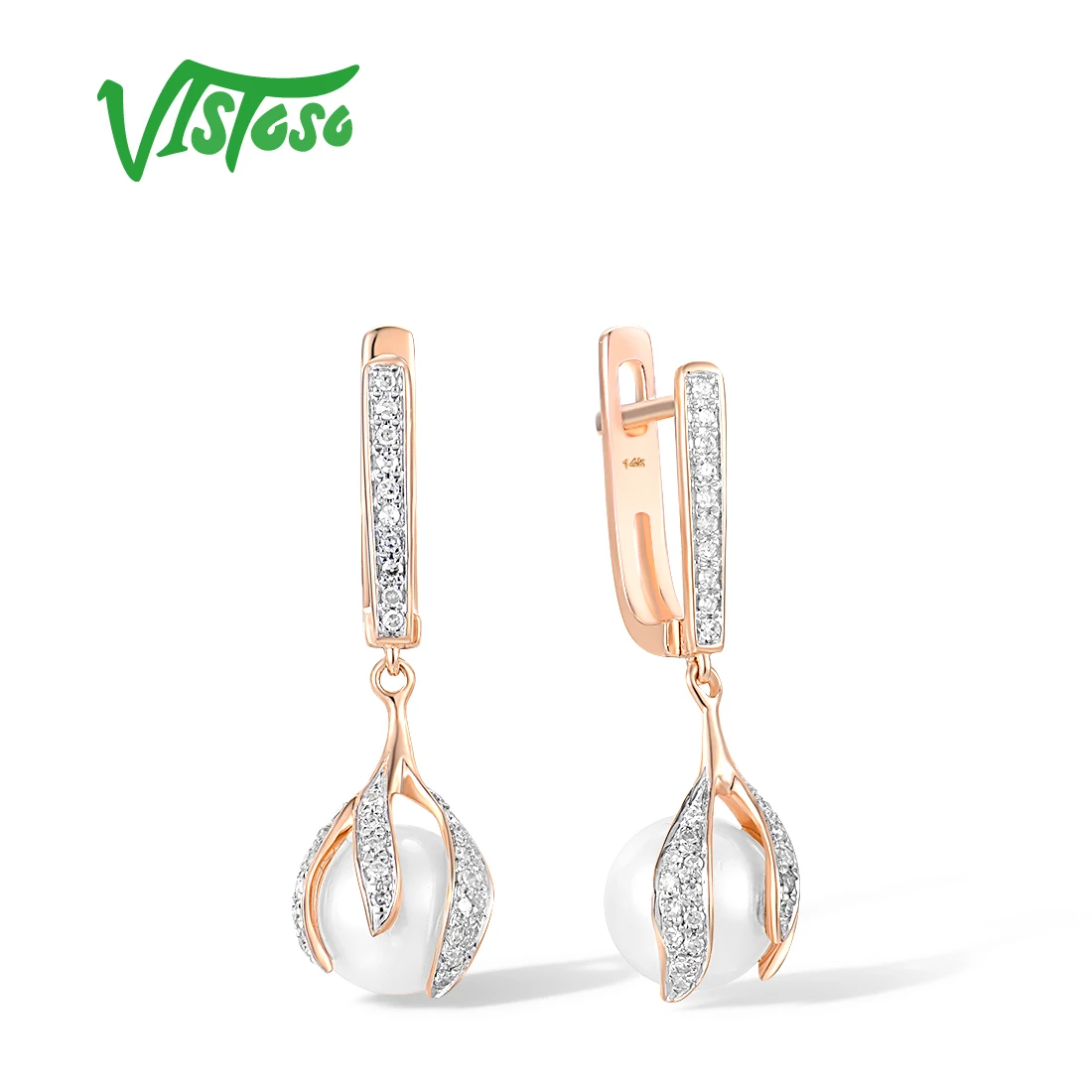 

VISTOSO Real 14K 585 Rose Gold Earrings For Women Fresh Water White Pear Sparkling Diamonds Dangling Party Elegant Fine Jewelry