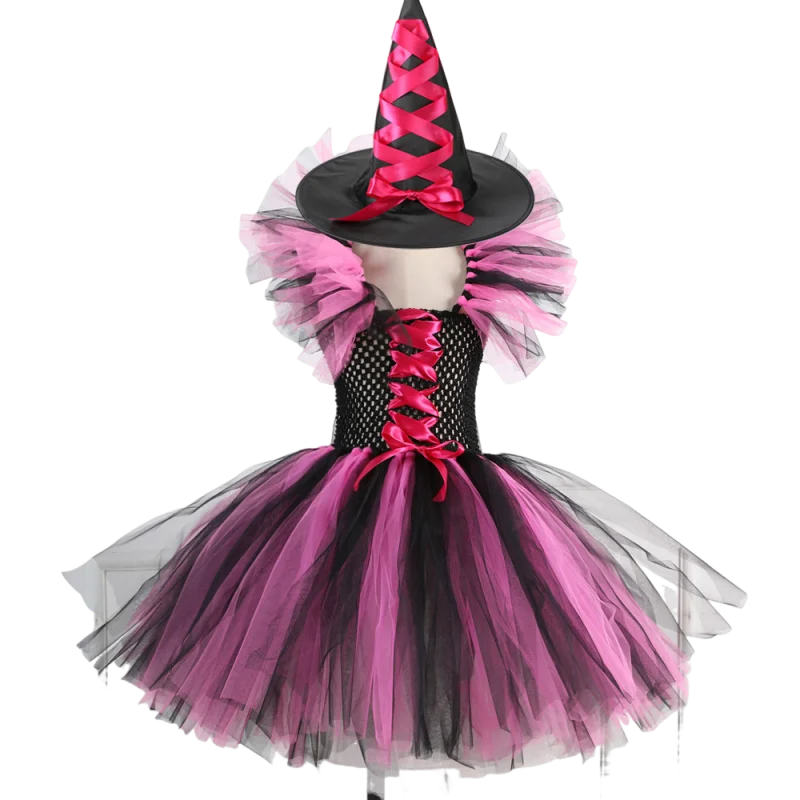 2026 Girls Witch Tutu Dress Halloween Cosplay With Hat Costume Carnival Vestidos Kids Party Cosplay Dress Children Costume image 4