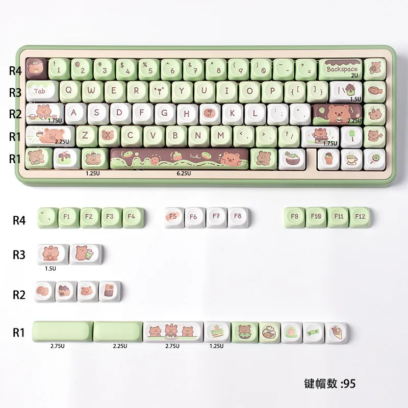 Dessert Bear Green Cute keycap 95 Keys MOA Profile Dye-Sublimation Keycaps For Mechanical Keyboard MX Switch Alice keyboard