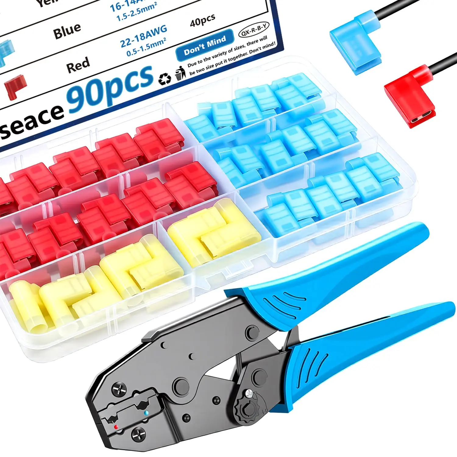 

91pcs Right Angle Spade Connectors with Flag Terminal Crimper, 22-18/16-14/12-10 AWG Quick Disconnect for Electrical Wiring