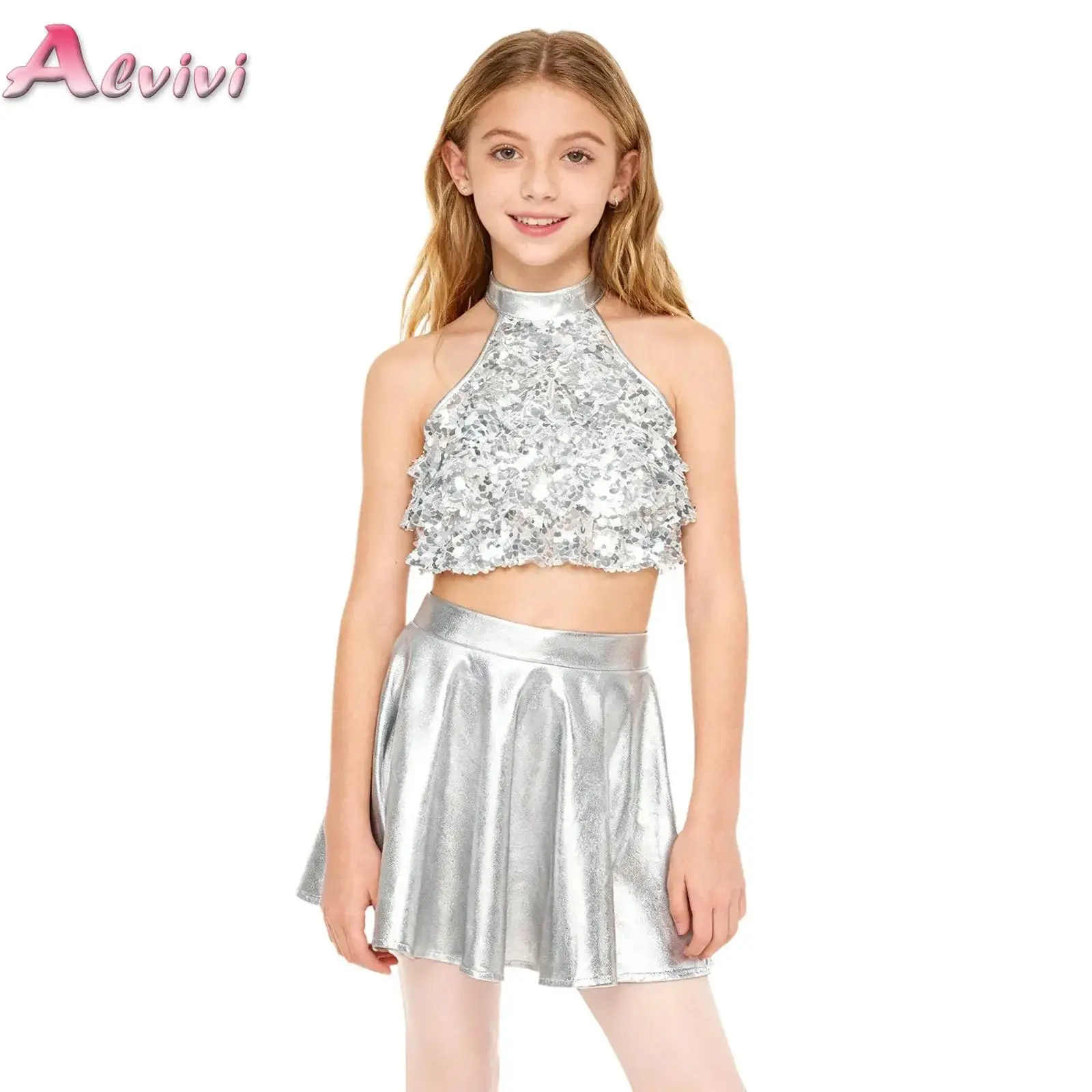 

Kids Girls Glitter Sequins Ballet Dance Sets Gymnastics Skating Performance Costume Outfits for Modern Latin Jazz Tango Dancing