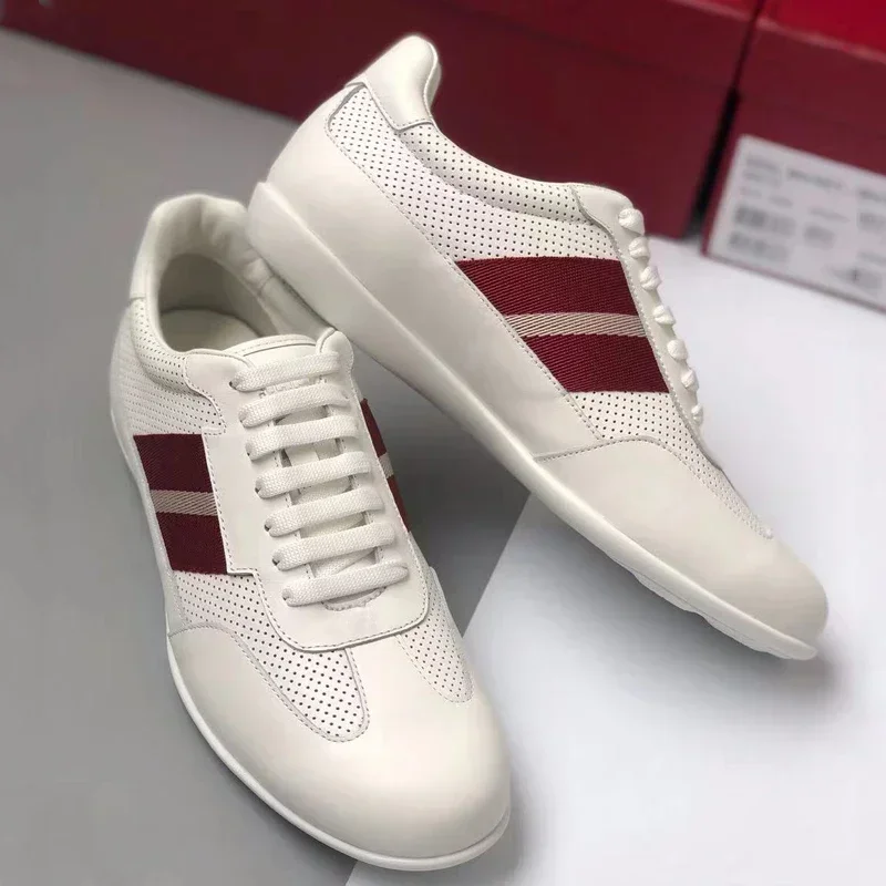 Designer Almond Toe Striped Leather Sneakers High Quality Calfskin Shoes Perforated Details Man Footwear Zapatos De Hombre