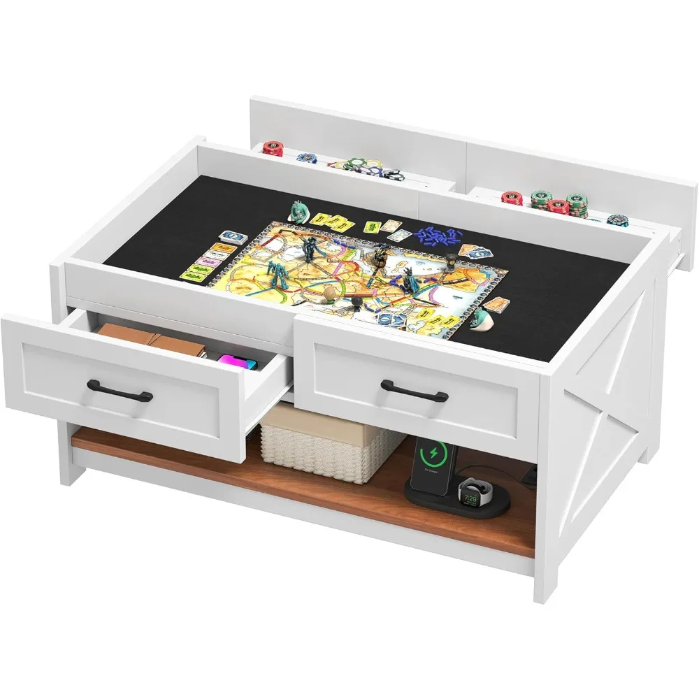 

Farmhouse Board Game Coffee Table: 3-in-1 Puzzle Living Room Table with 4 Drawers, Play Mat, Power Outlet, Removable Top