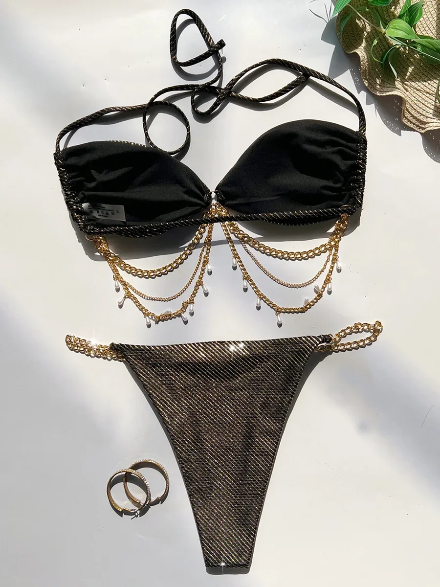 Maillot de bain deux pièces en métal perlé pour femme, bikini sexy, ensemble pour baigneur