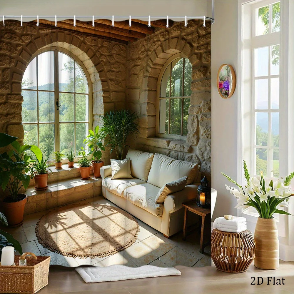 Stone House Shower Curtain Waterproof Fabric Bathroom Curtains Arched Window View Bath Screen Divider Home Decor With Hooks
