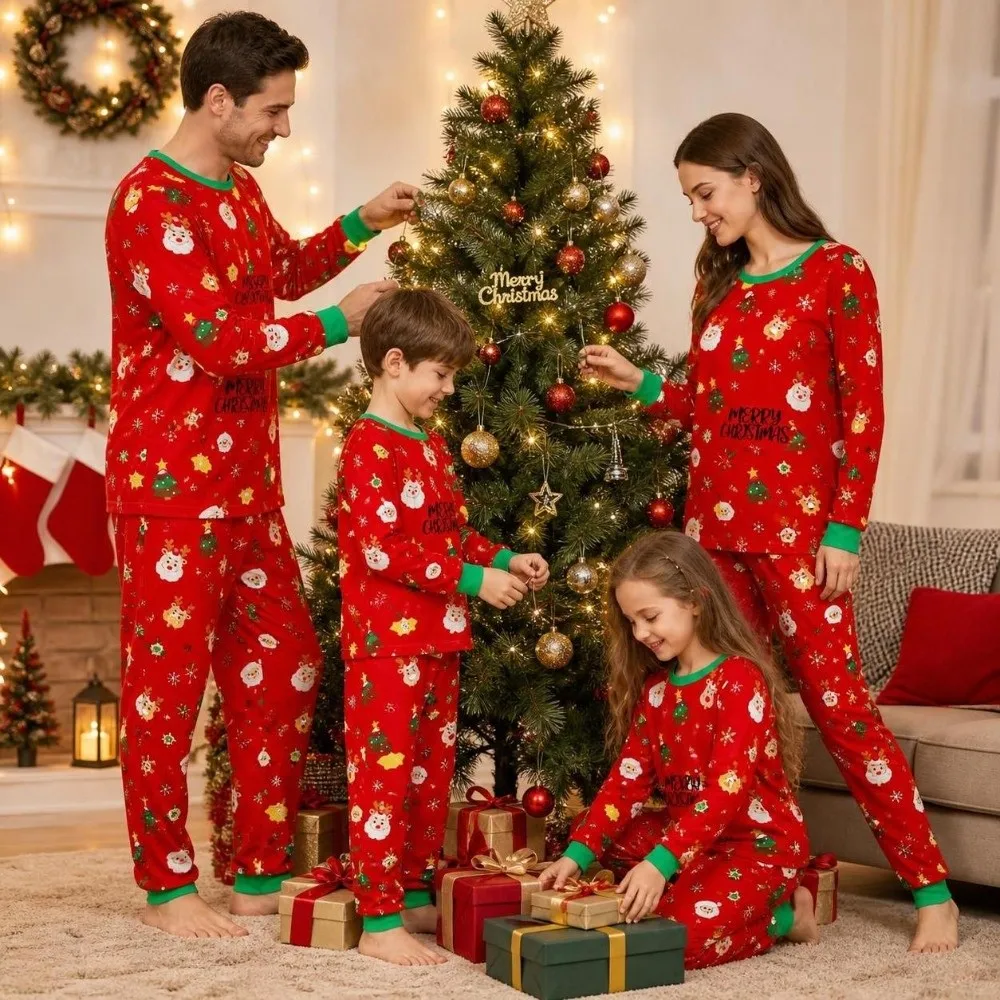 Long Sleeve Christmas Pyjamas Set Santa Claus Printed Family Matching Pyjamas Snowflakes Two Piece Set Couple Christmas Outfit