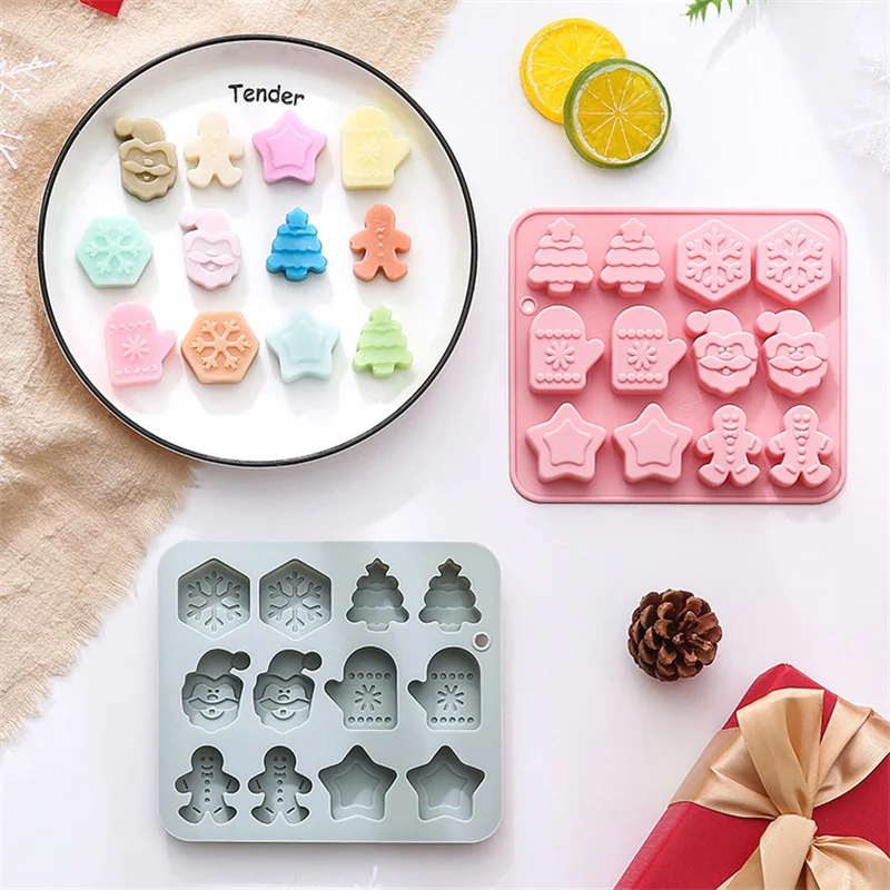 Christmas Silicone Mould 12 Cavity Christmas Tree Snowflake Gloves Five-pointed Star Gingerbread Man Baking Mold