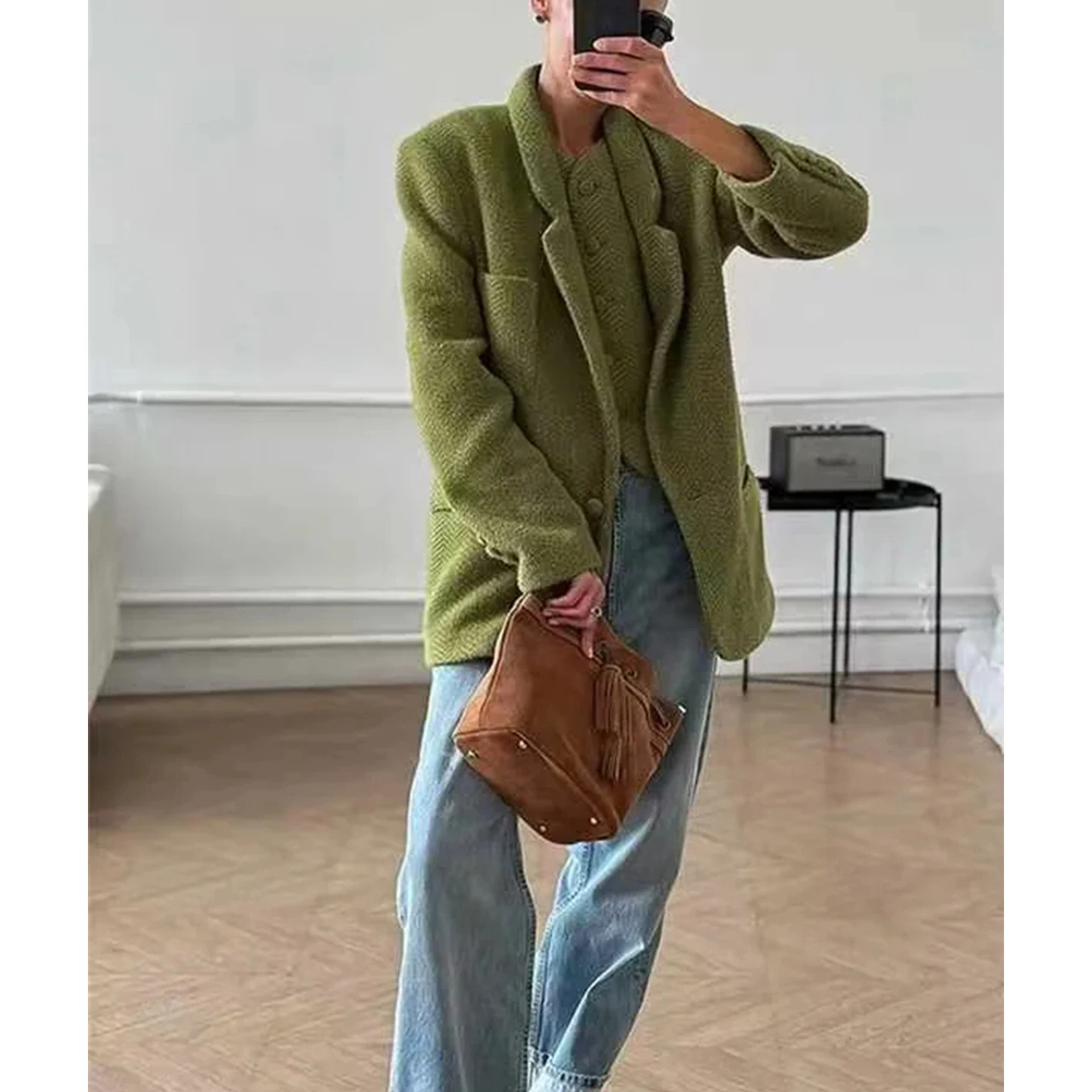 Casual Fluwelen Oppervlak Lange Sve Damespak Jaet Herfst Winter Loose Fit One Button Notch Revers Commuter Sle Bovenkleding