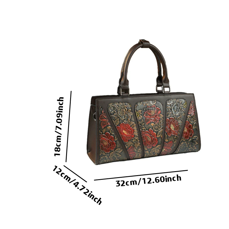 Distressed and distressed-colored three-dimensional floral embossed briefcase, structured and multi-layered with multiple compar