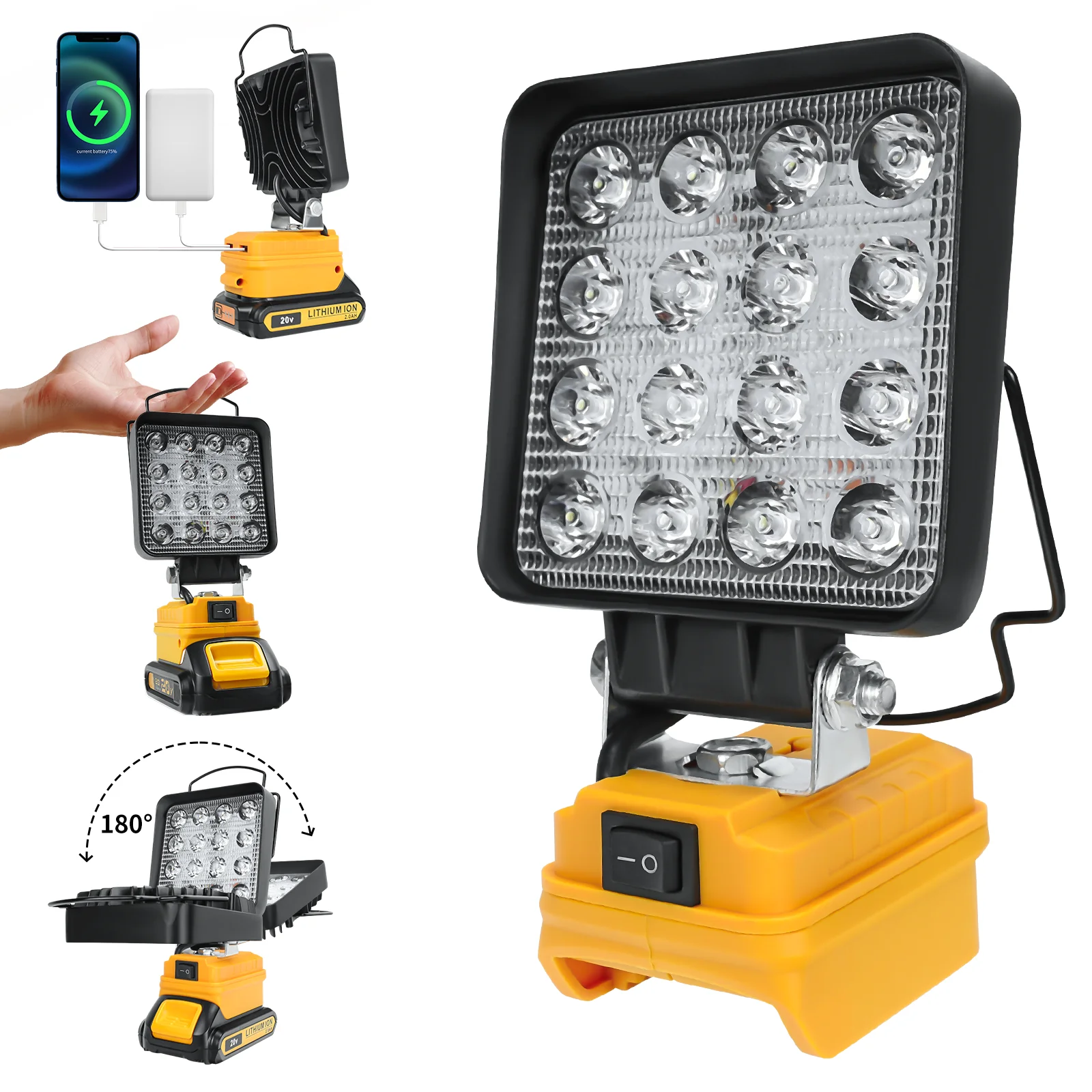 Luz de trabalho LED sem fio 27W 1400LM para Dewalt 20v Bateria Iluminação de inundação externa com porta de carregamento USB dupla (sem bateria)