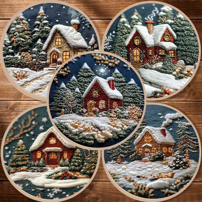 Embroidery Kit for Christmas DIY Xmas House Print Pattern Flower Cross Stitch Set Needlework Hoop Handmade Sewing Art Craft Kit