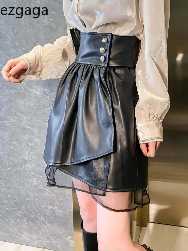 

Ezgaga Skirts Women PU Leather Patchwork Autumn Winter High Waist Fashion Sexy Button Mini Skirt Female Casual Clubwear