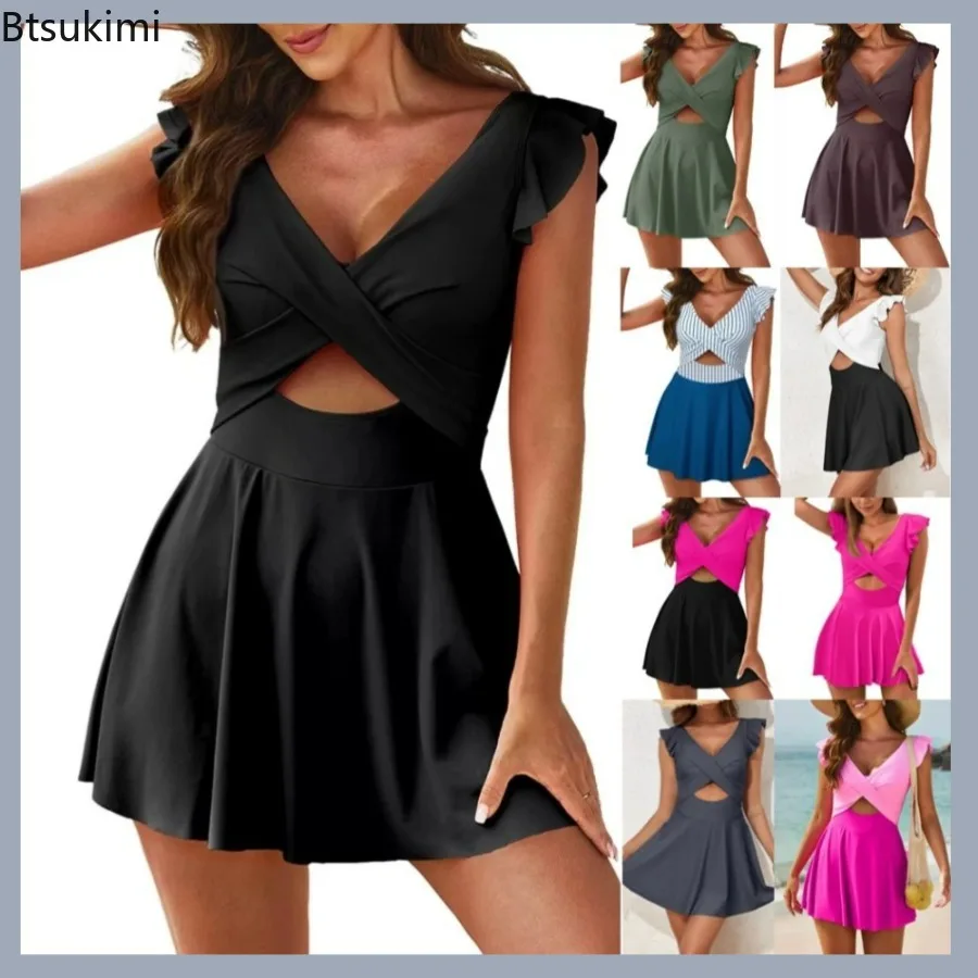 Women's Ruffle Edge Cross Skirt One-piece Swimsuit Solid Color Splicing V-neck High Waist Out Bikini Casual Vacation Beach Wear