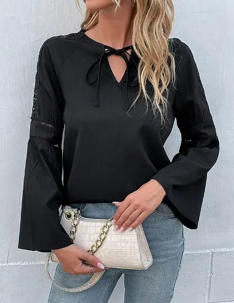 الخريف لون نقي المرأة خياطة سوداء قميص الدانتيل نمط الإناث