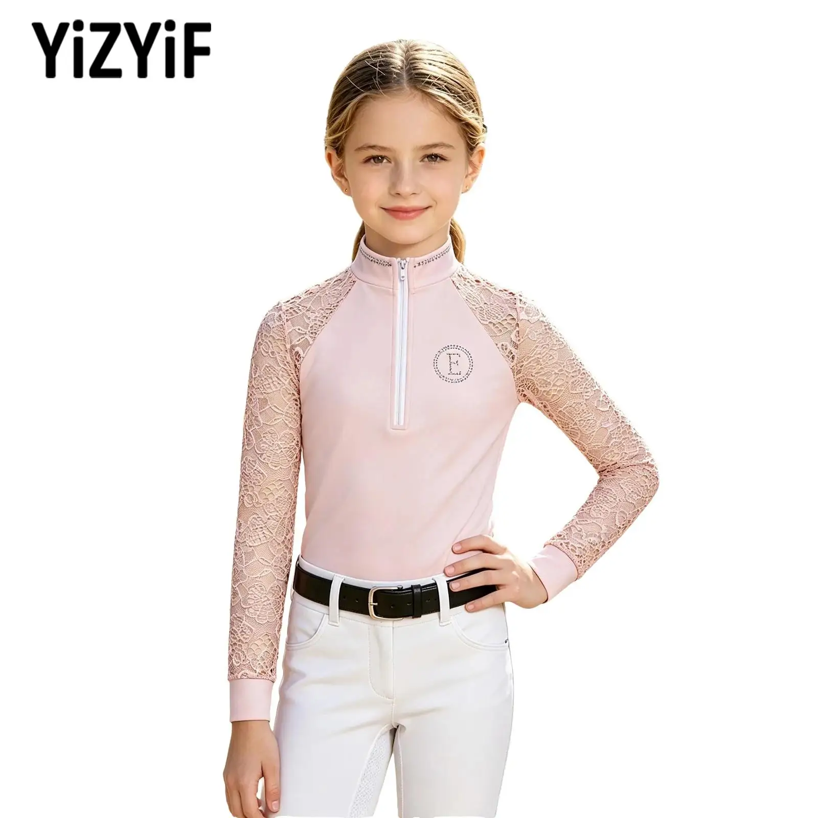Kids Girls Horse Riding Shirt Lace Patchwork Long Sleeves Rhinestone Half-zip Pullover Top Equestrian Clothing Dance Sportswear