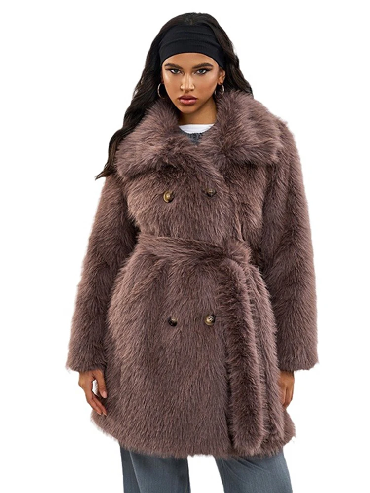 ZADORIN-abrigo elegante de invierno para mujer, ropa holgada con cinturón, abrigo de piel sintética esponjoso, chaquetas de piel sintética con solapa larga, prendas de vestir exteriores de felpa