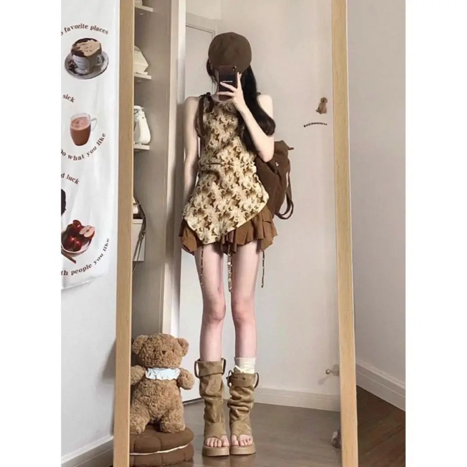 

Retro Printed Sleeveless Irregular Tank Top Women High-waisted Pleated Skirt Summer Lady New High Street Two Pieces Set