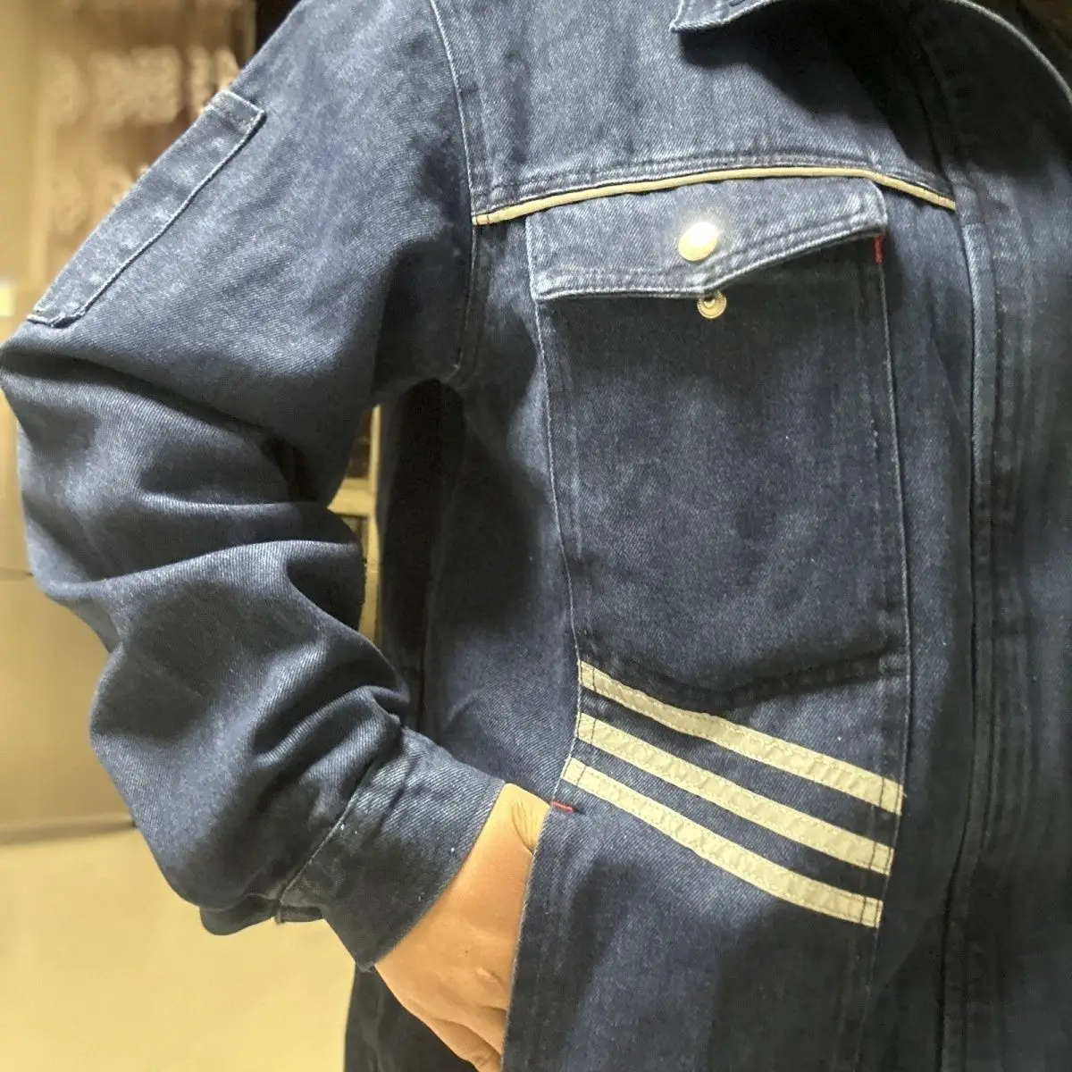 

Thi Denim Welding Workwear with Reflective Strips for Construction Sites Anti-Wear And Anti-Dirt Special Labor Protection C...