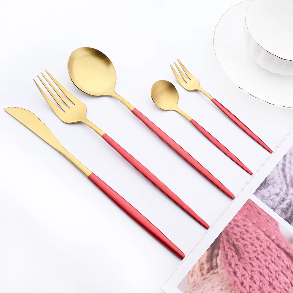 Vintage Rose Dinnerware Set 6/30pcs Stainless Steel Cutlery Set Matte Knife Fork Coffee Spoons Flatware Kitchen Tableware Set