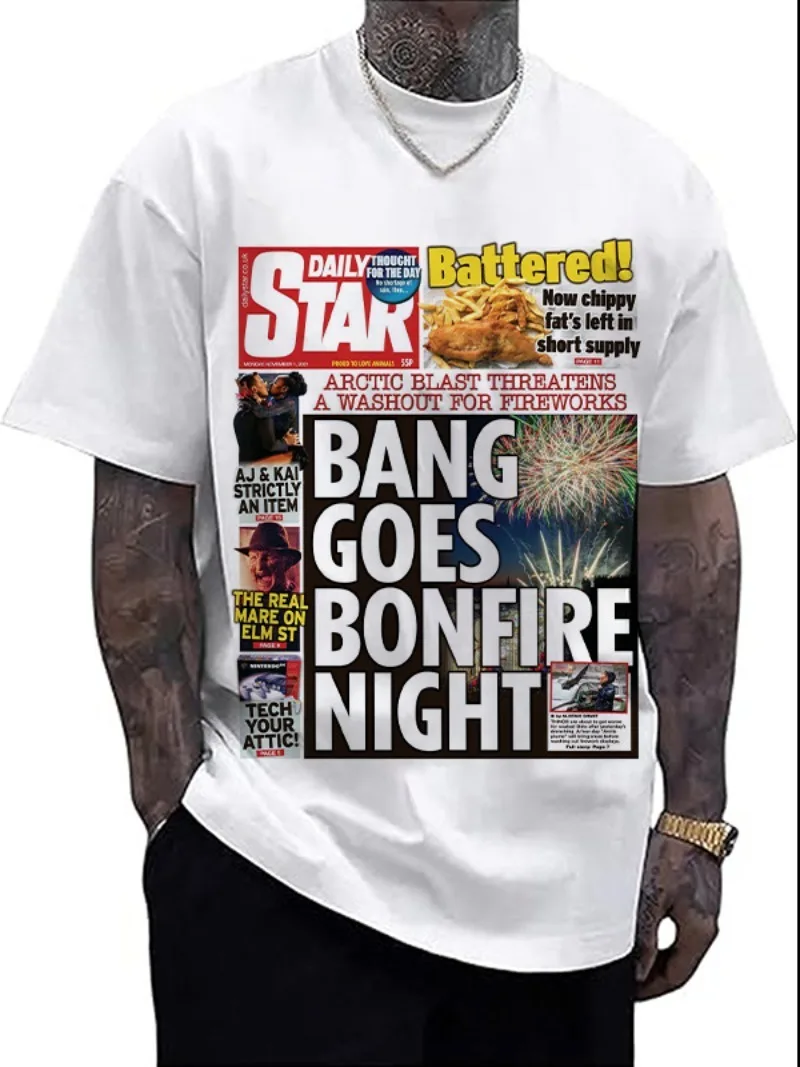 

Men's Y2K Oversized Newspaper Print Short Sleeve T-Shirt 2025 New Street Style Loose Fit Cotton Round Neck Couple Harajuku Top