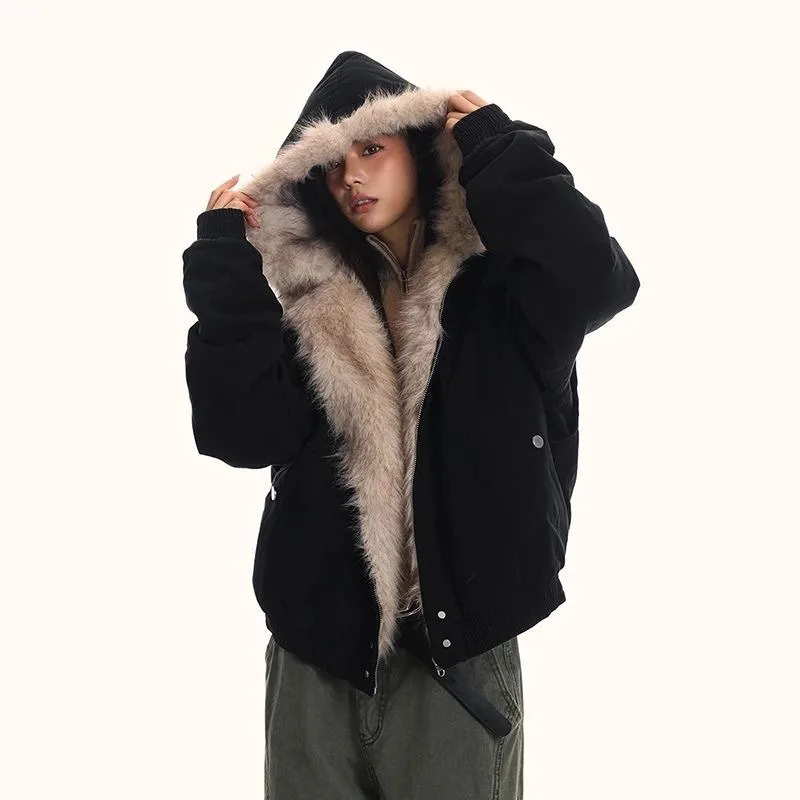

Korean Fashion Fur Collar Cotton Jacket with Thickened Insulation 2025 New Hooded Loose Casual Mid Length Coat Female Clothing