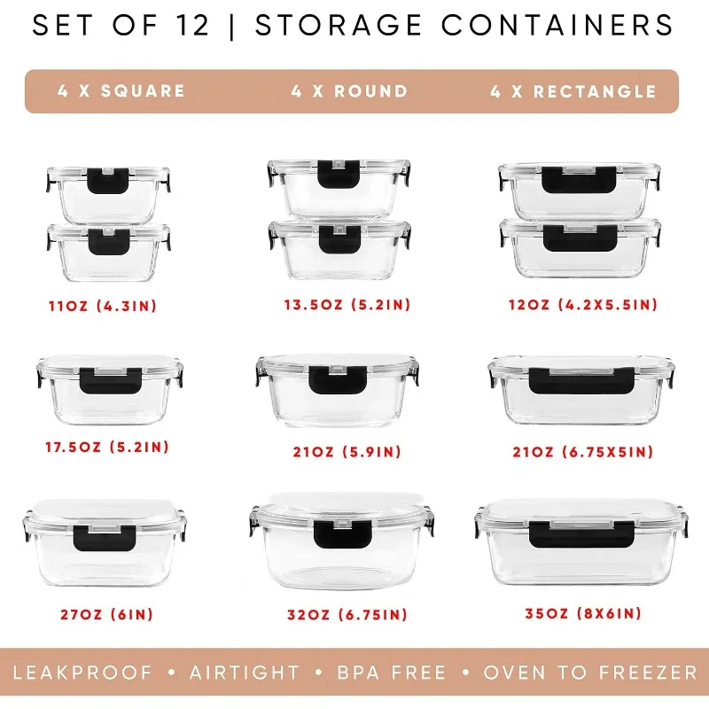 24pc(12 Airtight, Freezer Safe Food Storage Containers and 12 Lids), Pantry Kitchen Storage Containers, Glass Meal Prep