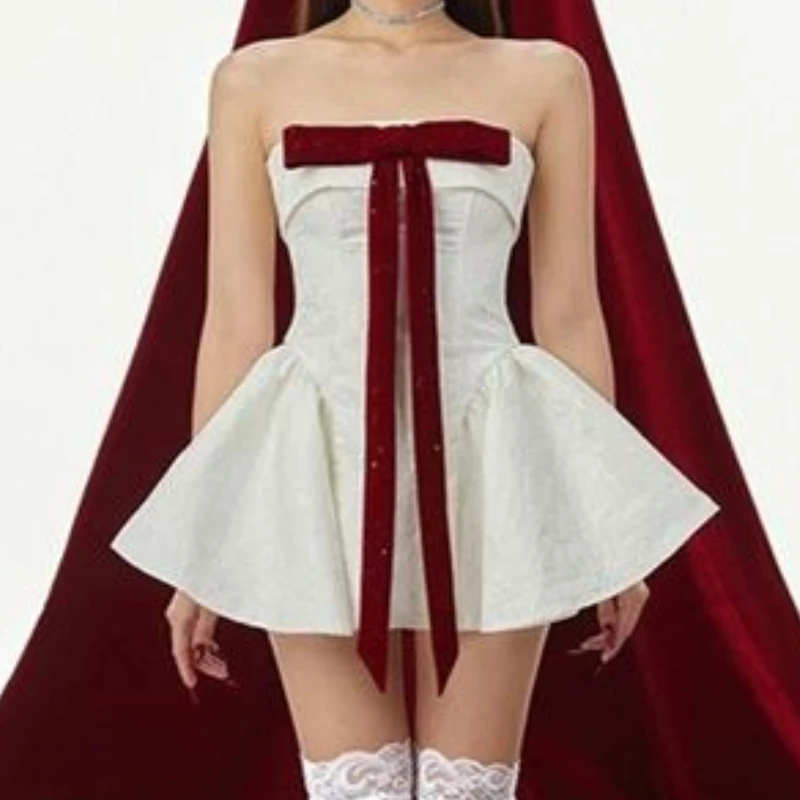 

2025 New Vintage Elegant Woman Dress Strapless Bow Patchwork High Waist Puffy Mini Dress Female French Chic Sexy Outfits Summer