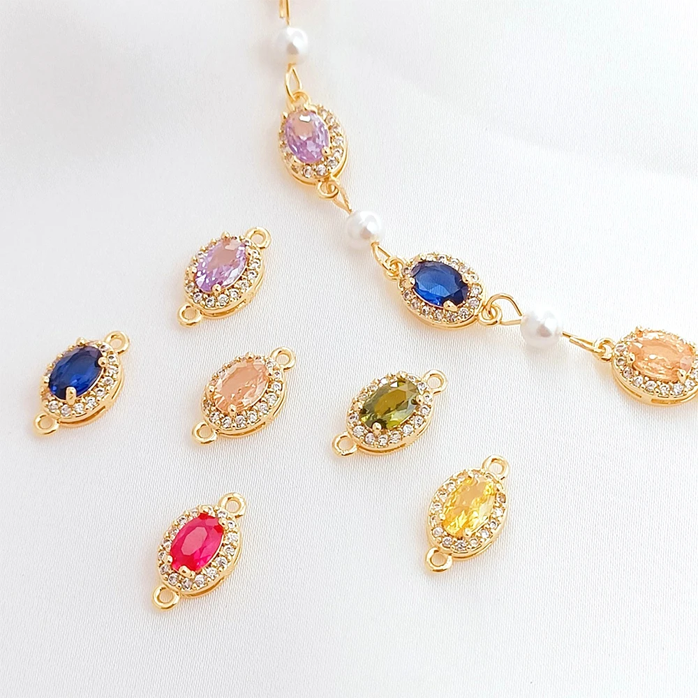 3 PCS Brass coated gold Micro inlaid zircon Elliptical double hanging connection spacer DIY jewelry making accessory materials