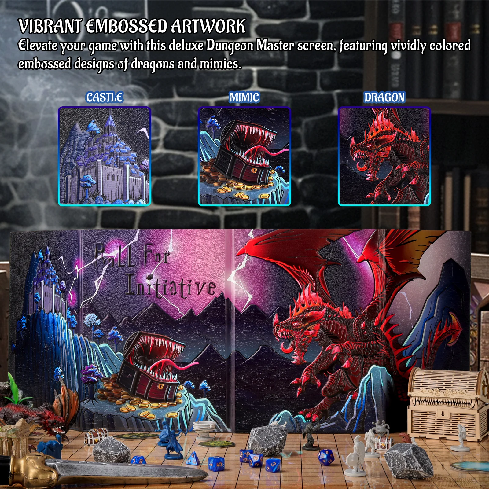 DND DM Screen Deluxe Edition: Colorfully Embossed Dragon & Mimic, Four-Panel with Pockets Dungeon Master Screen for DND