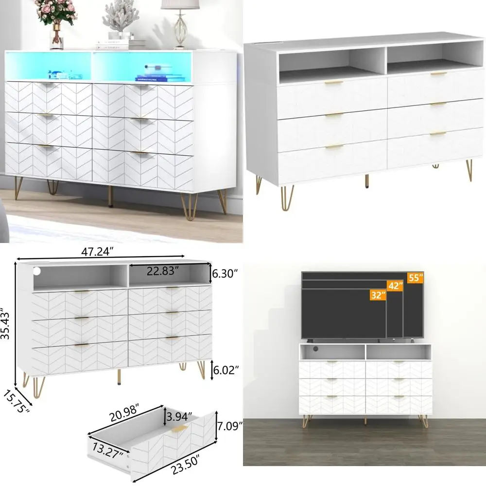 Commode double à 6 tiroirs avec prise de courant et lumière LED, commode longue blanche avec rangement, meuble tv large en bois