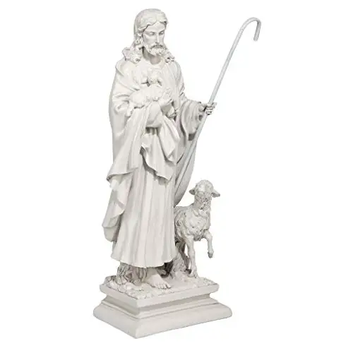 

White Resin Jesus Good Shepherd Holding Lamb With Crook For Outdoor Garden Display