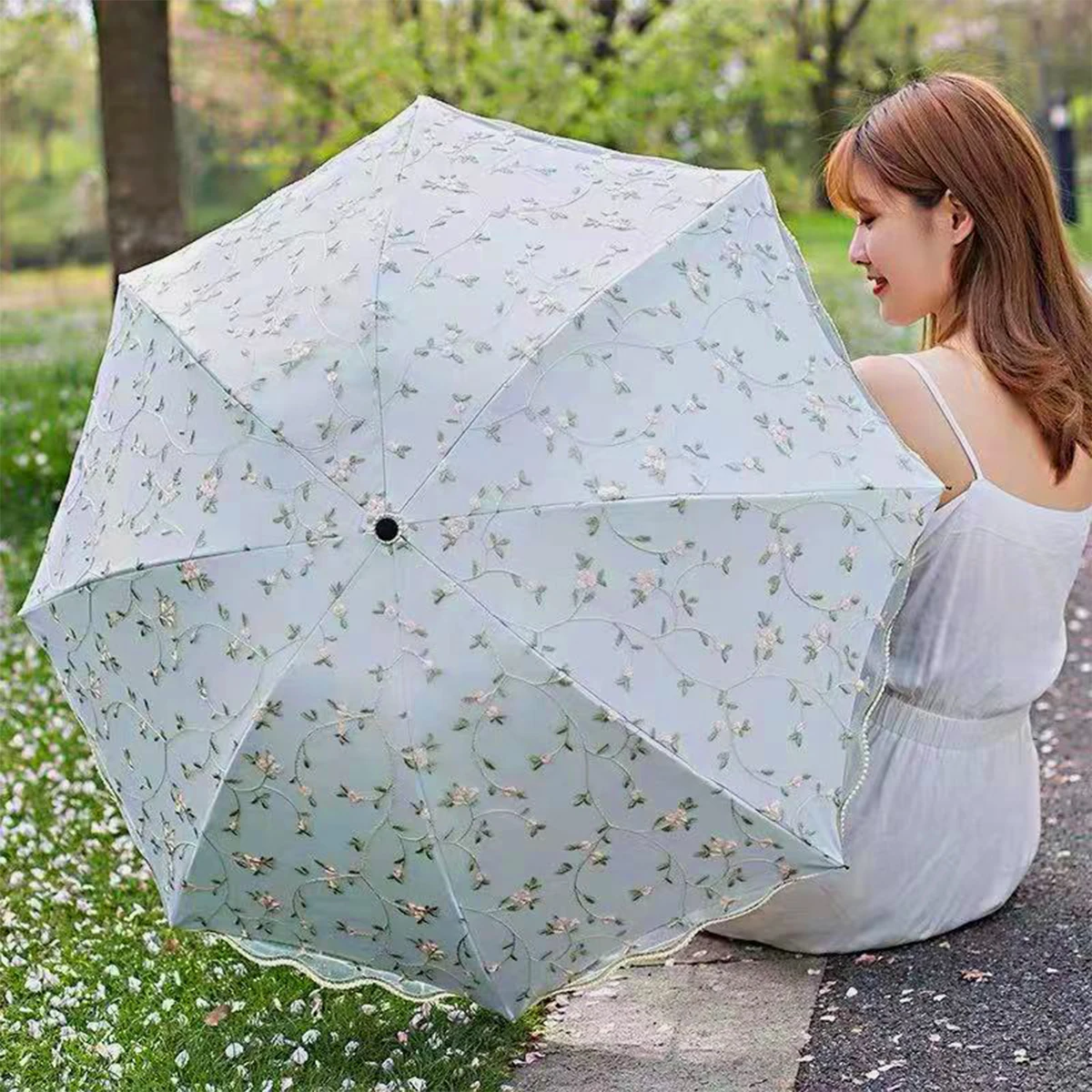 Sun Umbrella for Women, Sun Protection, UV Protection, Double Layer Lace Embroidery, Sun and Rain Dual Use, Fresh Goddess, Black