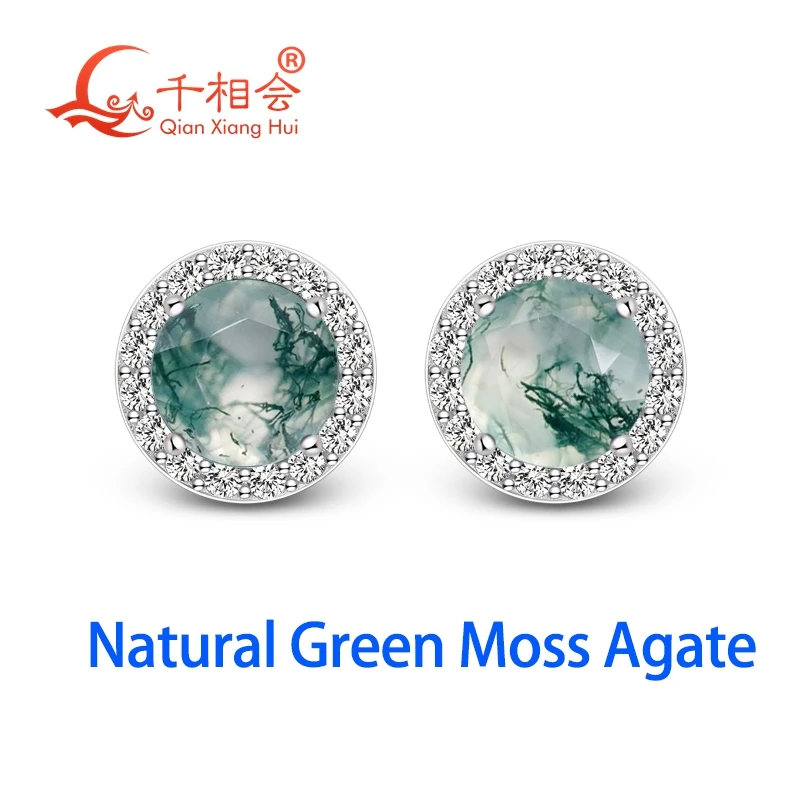 

Natural moss agate round shape with inclusions green round halo moissanite bezel S925 Silver earrings Jewelry