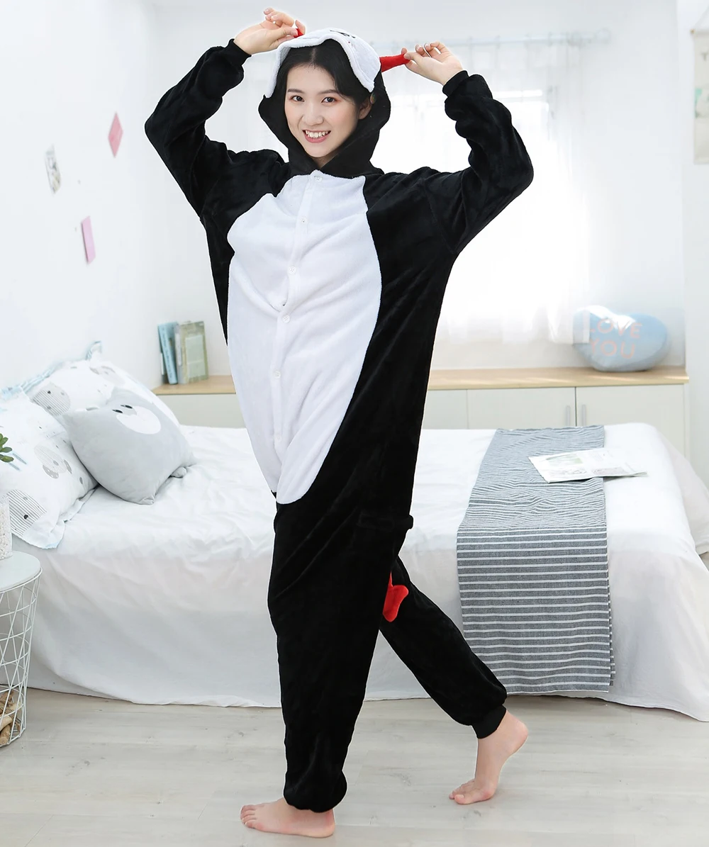 Cute Black Evil with red wings and tail Hooded Flannel One-piece Button Onesie Couple Sleepwear Comfortable pajamas