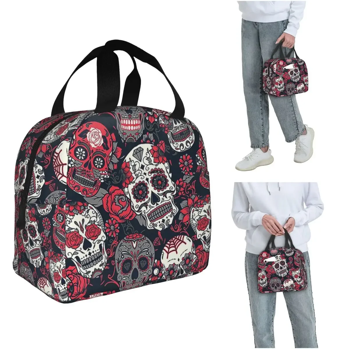 Isolierte Lunchtasche mit Zucker-Schädel-Muster, rot, für Damen und Kinder, tragbare Lebensmittelboxen, Thermo-Lunchbox-Tragetasche