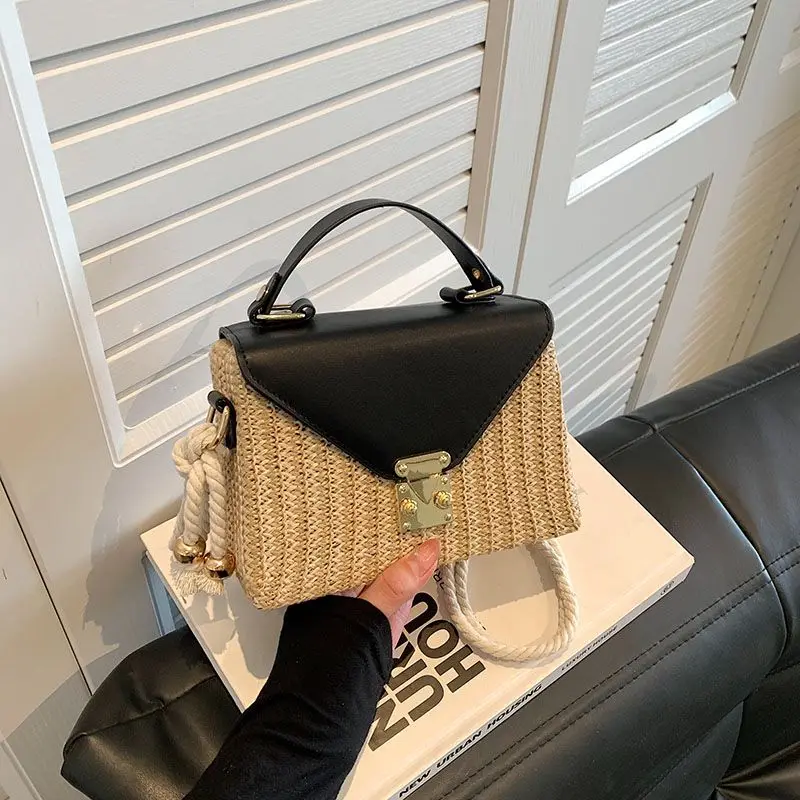 Woven bag women in 2024 fashionable and versatile patchwork contrasting colors carrying summer diagonal beach bag