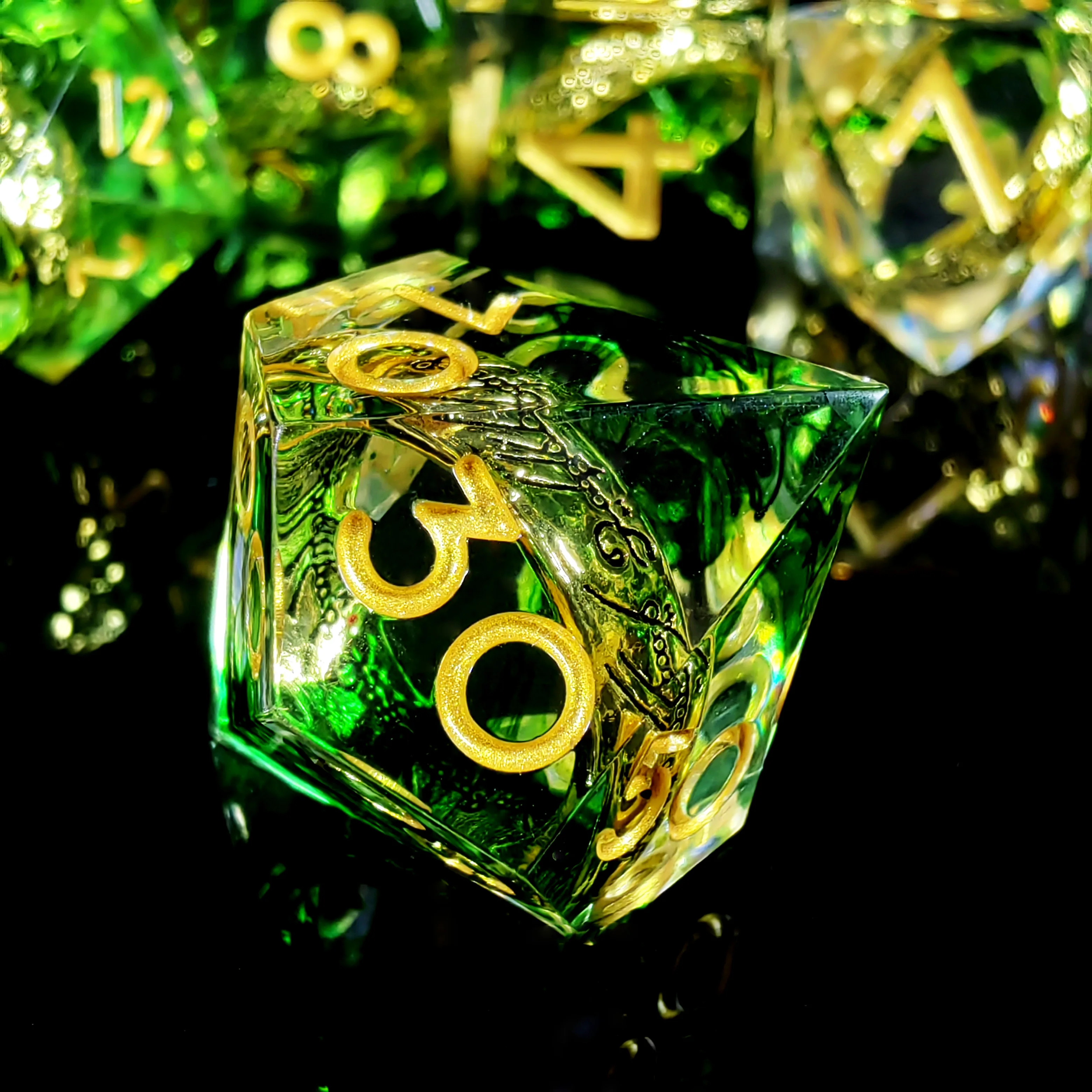 DnD Dice Set - 7pc Resin Polyhedral Dice with Dragon Ring Core, Emerald Green D&D Dice for RPG Games
