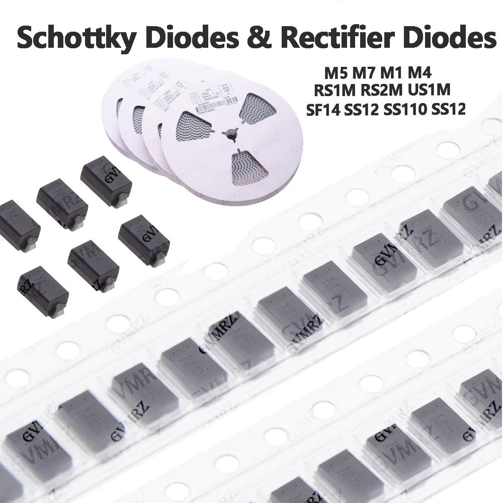 100pcs/2000pcs Schottky Diodes & Rectifier Diodes Assortment Kit SS34 SS26 SS310 M5 M7 M1 M4 RS1M RS2M US1M SF14 SS12 SS110 SS12