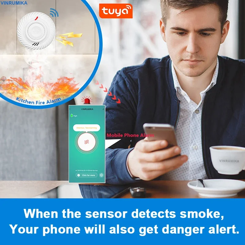 WiFi 투야 스마트 연기 감지기, 10년 리튬 배터리 내장, 거실, 주방, 상점 화재 검사 경보 센서