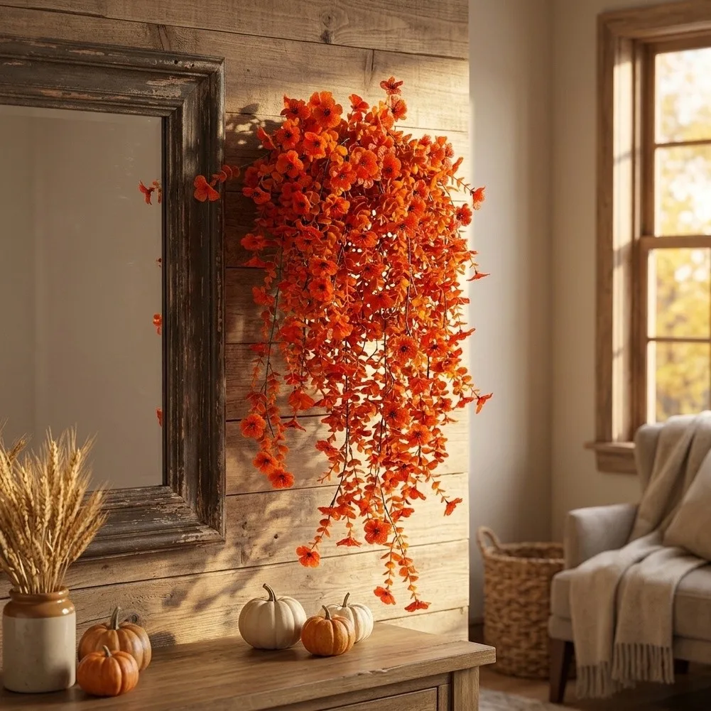 8Pack Artificial Orange Hanging Flowers, Long Trailing Vines For Indoor Outdoor Wall Decoration, Autumn Thanksgiving Decor