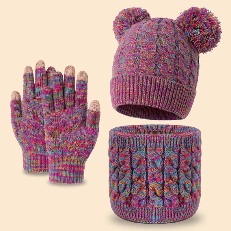 3pc3-14Y Children's woolen cap, scarf, glove set for winter children's warm knitted cap