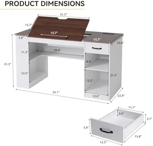55.1" Drafting Table with Storage Cabinet & Drawers, Craft Art Table with Storage & Tiltable Tabletop, Computer Desk view 2
