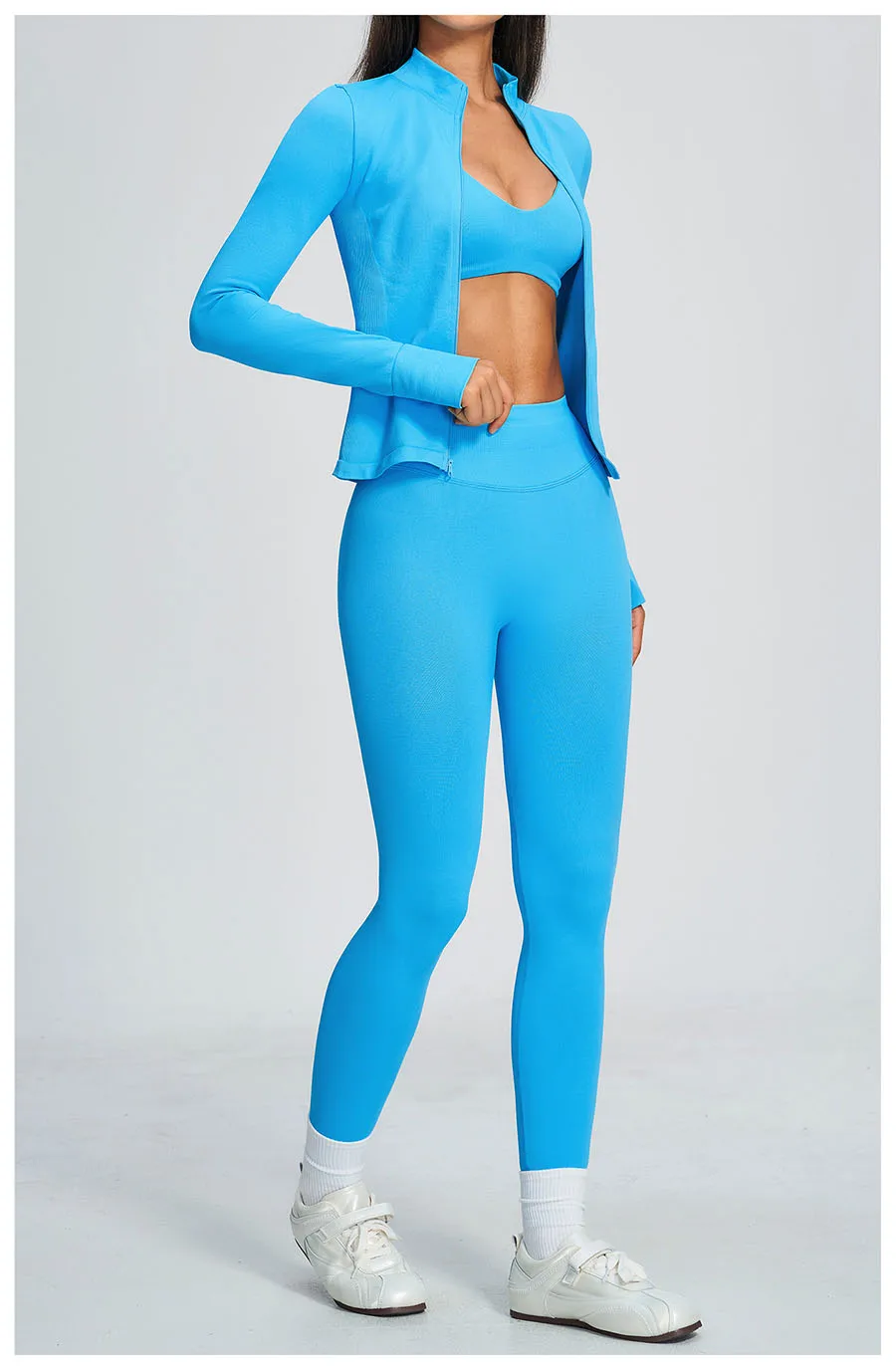 Nahtloses Yoga-Set 3-teilig, Sportbekleidung für Damen, Langarm-Trainingsanzug, Fitness-Set, Sport-BH, Leggings, Sportanzug – Detail 7