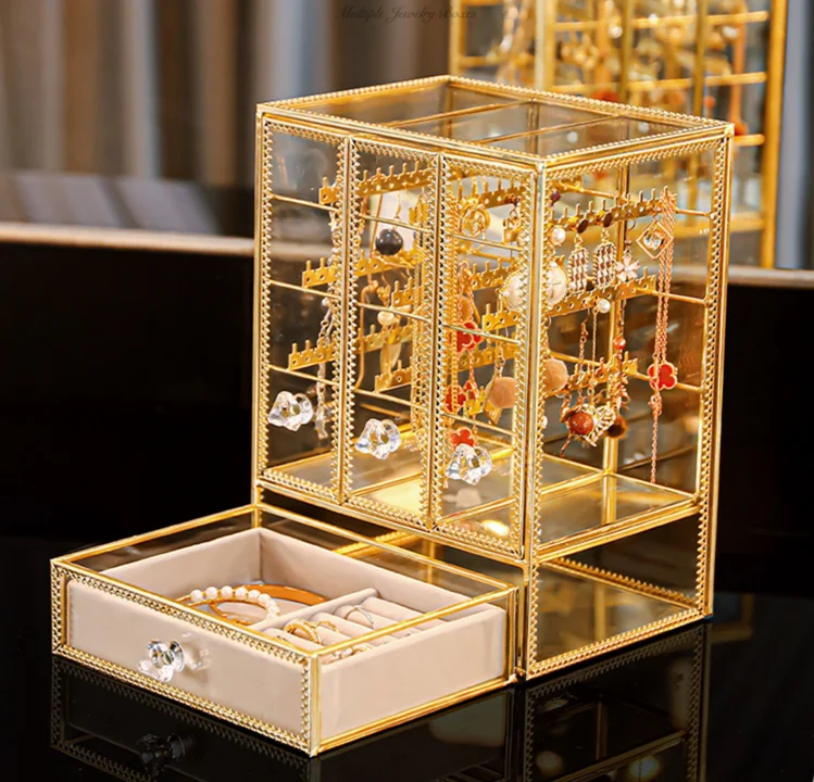 Jewelry box High grade ring necklace Anti oxidation light luxury earring storage box Large capacity earring display frame