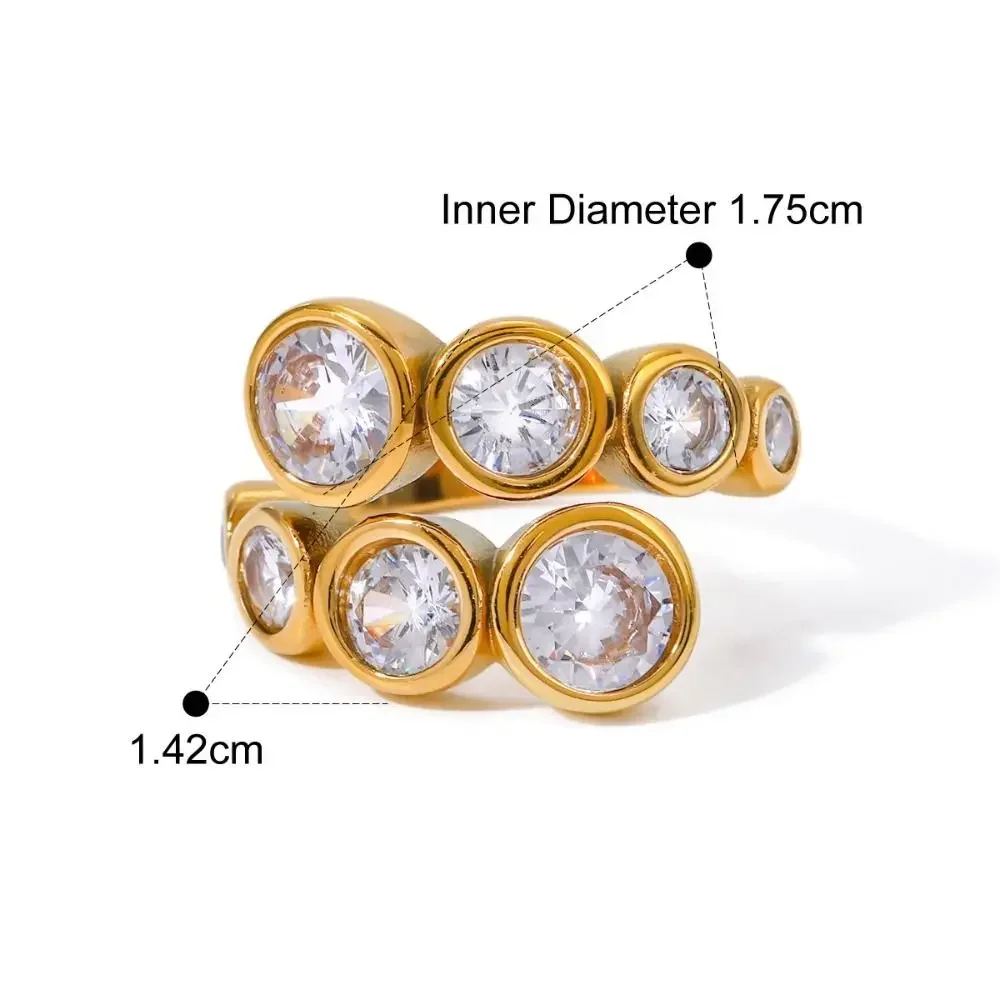 خاتم مفتوح من الفولاذ المقاوم للصدأ غير متماثل مقاوم للصدأ 18K مطلي بالذهب خاتم لامع مقاوم للماء مكعب زركونيا خاتم إكسسوار فاخر