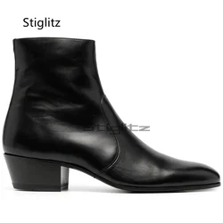 Botines de cuero genuino para hombre, botas Chelsea de punta estrecha, estilo británico, tacón medio, vestido de negocios, zapatos de boda, color negro